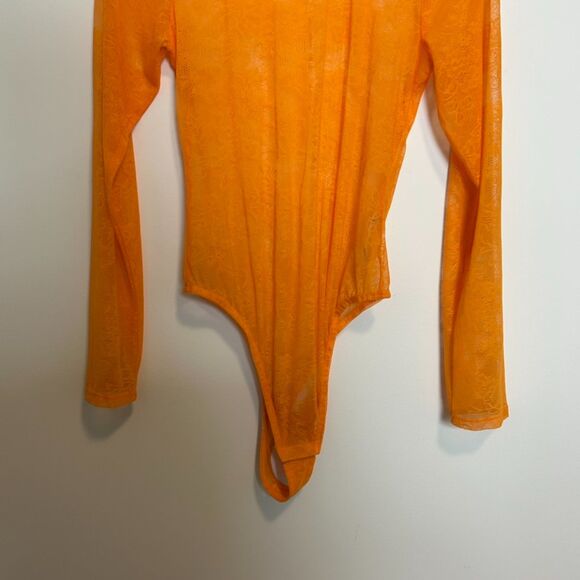 BY ANTHROPOLOGIE Sheer Lace Long-sleeve Bodysuit In Orange One-piece Medium - Picture 4 of 14